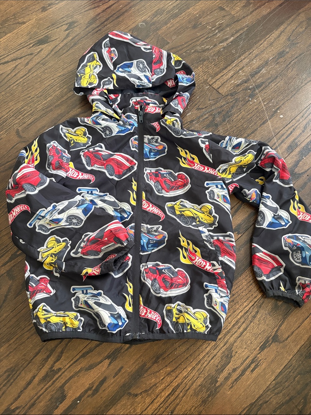 H&M Black Hooded Jacket with Red, Yellow & Blue Car Prints